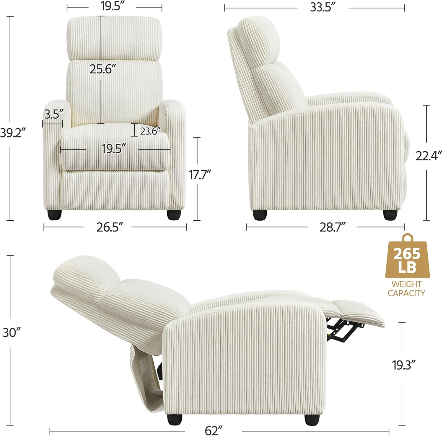 Topeakmart Corduroy Recliner Sofa Mid-Century Recliner Chair Single Reclining Chair Upholstered Sofa for Living Room Bedroom Home Theater Beige