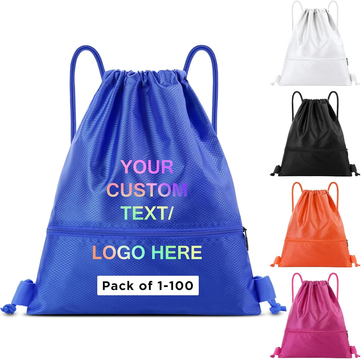 Custom Drawstring Bags Bulk With Logo, 30 Pack Personalized Text String Backpack with Zip Pocket for Gym, Sports, Events, Travel and Daily Use,Royal Blue