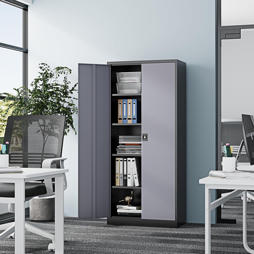Fesbos 71' Tall Metal Storage Cabinet- Steel File Cabinets with Lockable Doors and Adjustable Shelves-Black&Gray Steel Storage Cabinet for Home,Kitchen, School, Office, Garage