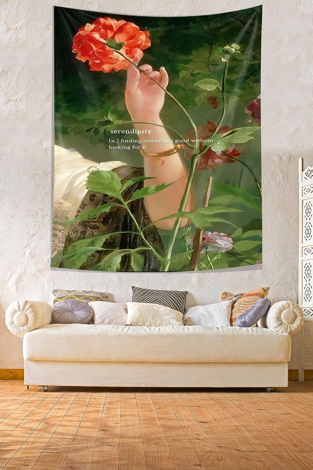 Tapestry Wall Hanging Flower Holding Hand Theme Stain Resistant Fabric Wall Art 70x70cm Modern Home Decor Dorm Room Aesthetic Green and Orange - Green-Orange, 28x39 inch