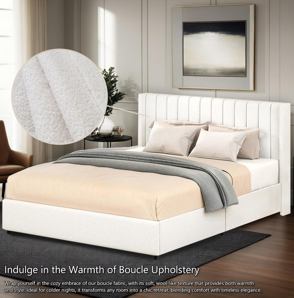 Queen Storage Bed Frame with 4 Patented Drawers - Luxury Ivory Boucle Upholstered Platform Bed, Vertical Channel Tufted Headboard, 1000lbs Heavy Duty, No Box Spring Needed