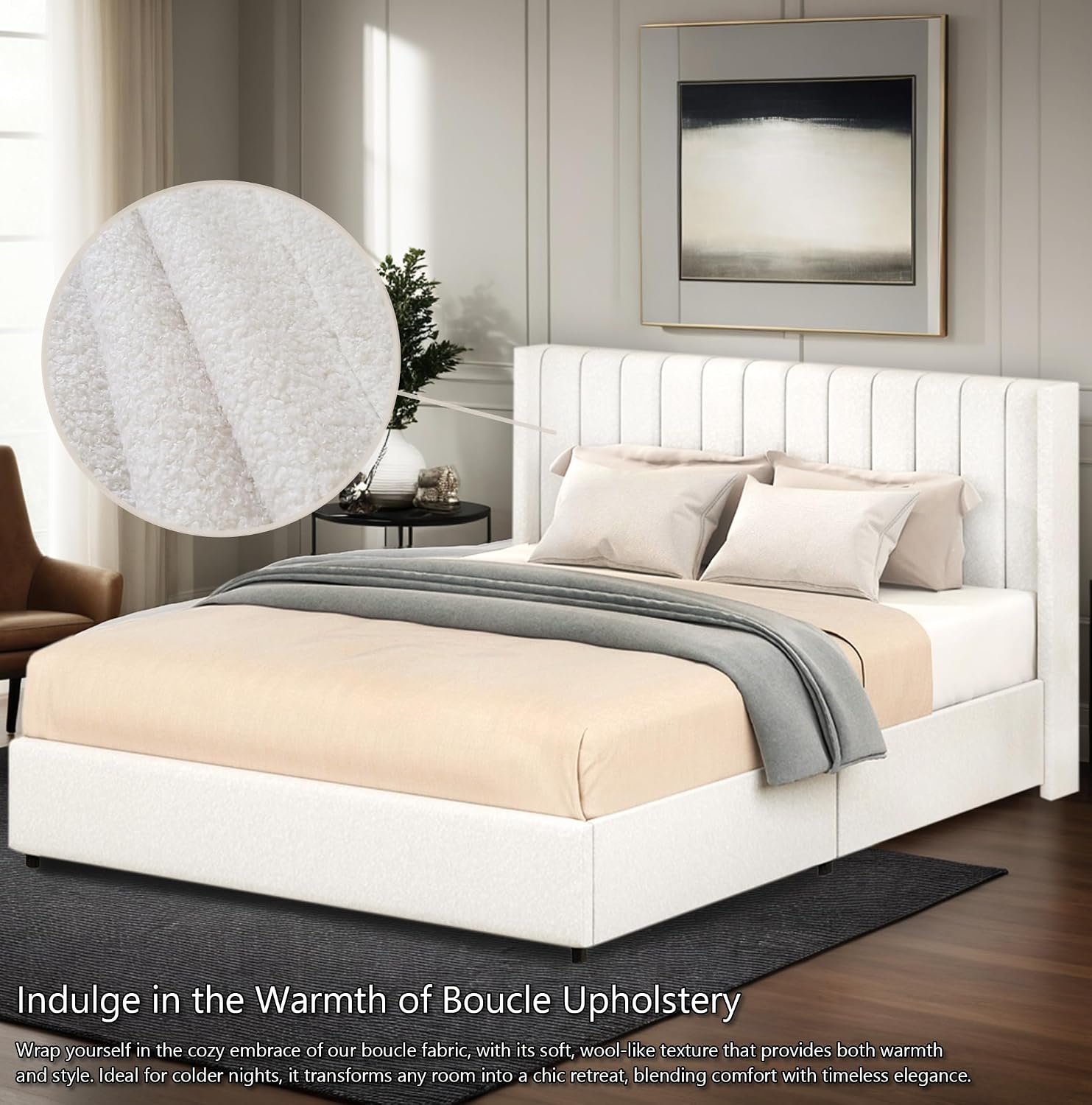 Queen Storage Bed Frame with 4 Patented Drawers - Luxury Ivory Boucle Upholstered Platform Bed, Vertical Channel Tufted Headboard, 1000lbs Heavy Duty, No Box Spring Needed