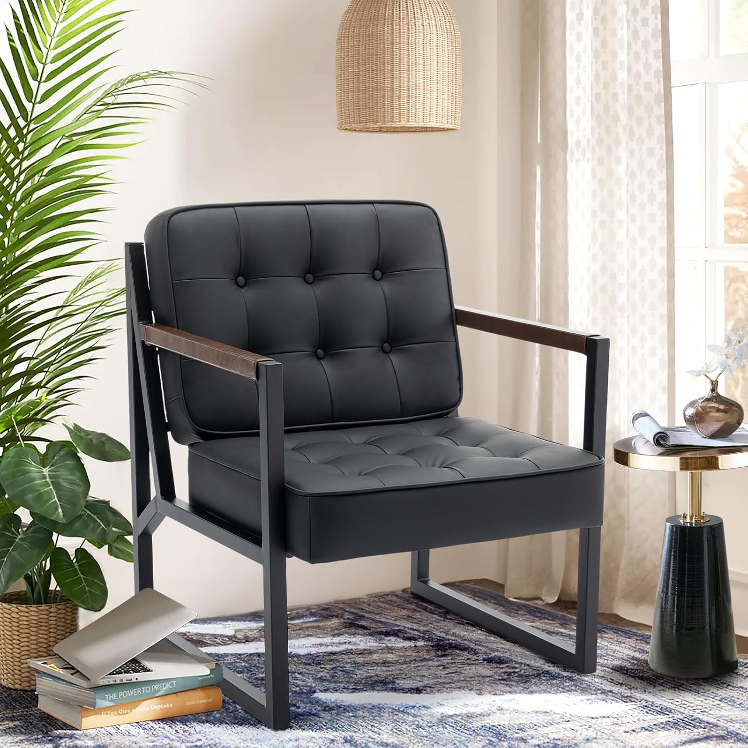 MALOL Black Leather Accent Chair, Accent Arm Chair for Living Room, Comfy Armchair with Metal Legs for Living Room Bedroom Reception Waiting Room