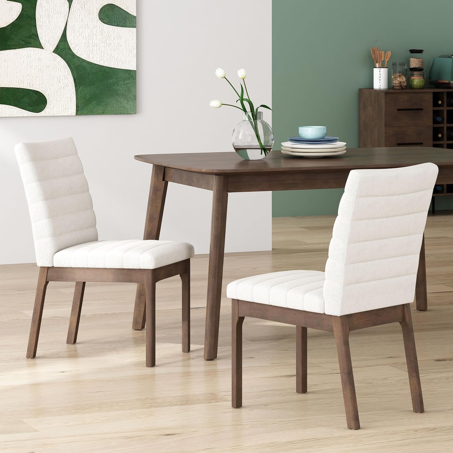 Christopher Knight Home Lancer Dining Chairs Set of 2, Wooden Kitchen Side Chair, Fabric Upholstered Accent Chair, Mid-Century Modern Armless Design with Channel Stitching, Light Beige and Walnut