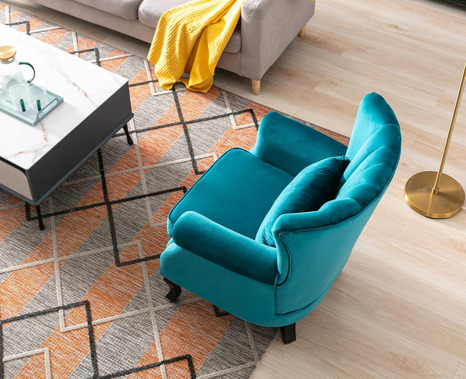 Kmax Teal Blue Accent Chair Velvet Wingback Chair with Pillow Nail-Head Channel Tufted Oversized Club Chair for Living Room Bedroom Guest Room