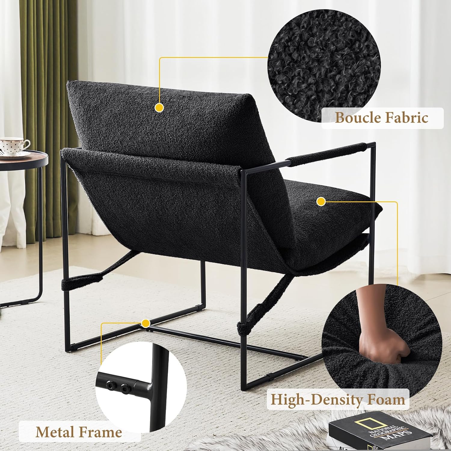 Furnilivng Large Sling Accent Chair, Comfortable Boucle Fabric Arm Chair, Upholstered Cozy Reading Chair for Living Room, Bedroom, Dressing Room, Home Office (Black, Set of 2)