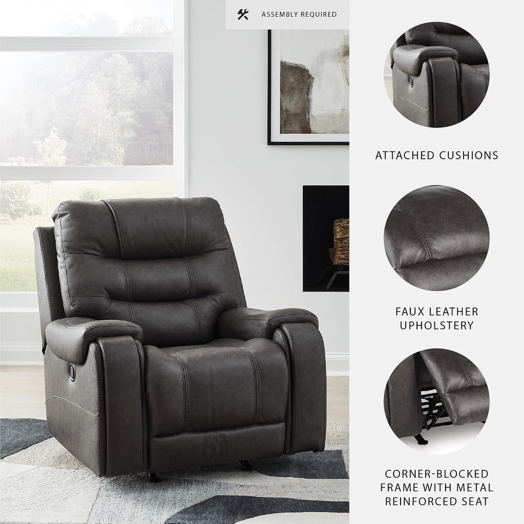 Signature Design by Ashley MakingMoves Rocker Recliner, Faux Leather Oversized Recliner Chair, No Assembly Required, with Pop-Out Cup Holders for Living Rooms, Smoke, 40' W
