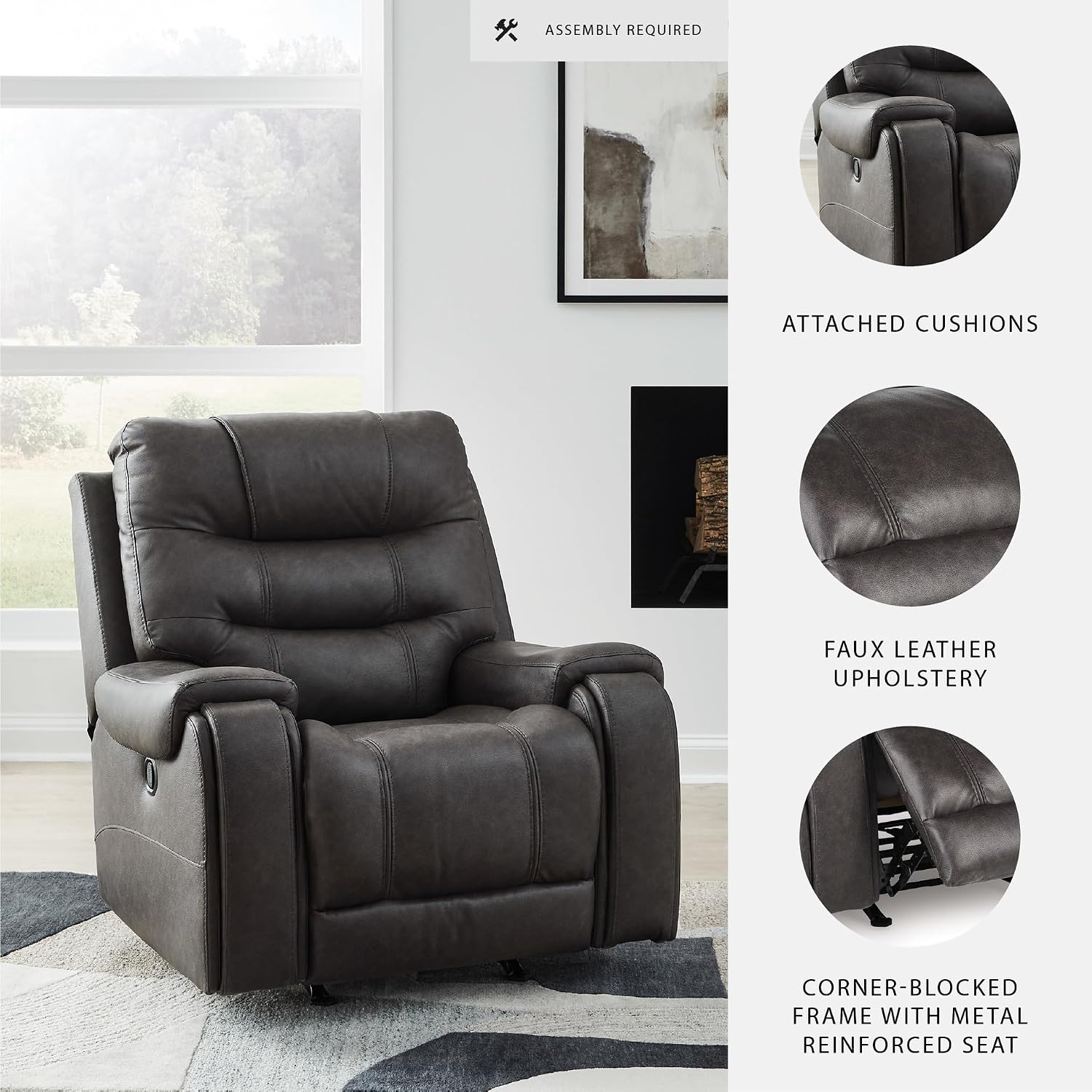 Signature Design by Ashley MakingMoves Rocker Recliner, Faux Leather Oversized Recliner Chair, No Assembly Required, with Pop-Out Cup Holders for Living Rooms, Smoke, 40' W