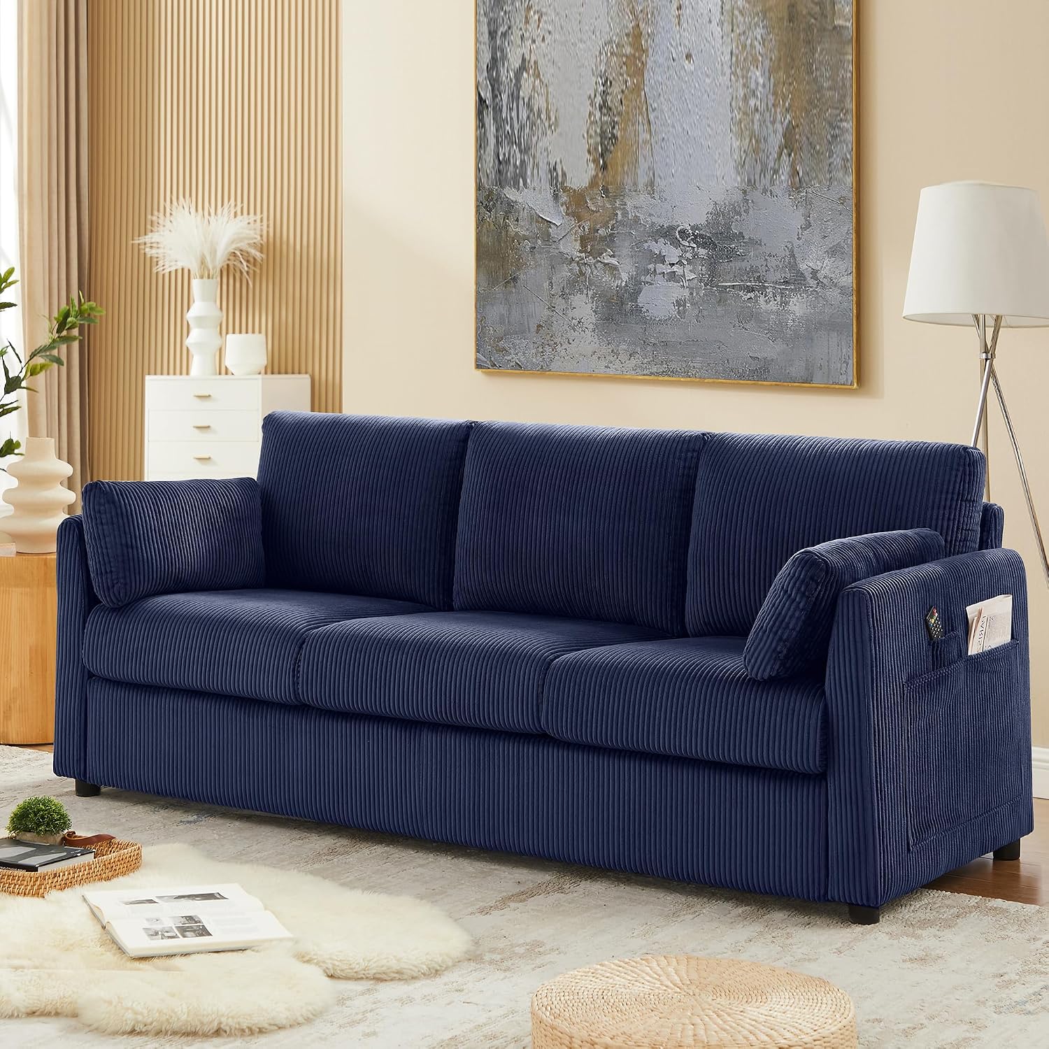 3 Seater Couches for Living Room, 79' Modern Corduroy Sofa with 2 Pillows and Storage Pockets, Small Comfy Couches for Apartment, Small Spaces, Bedroom, Office, Navy Blue