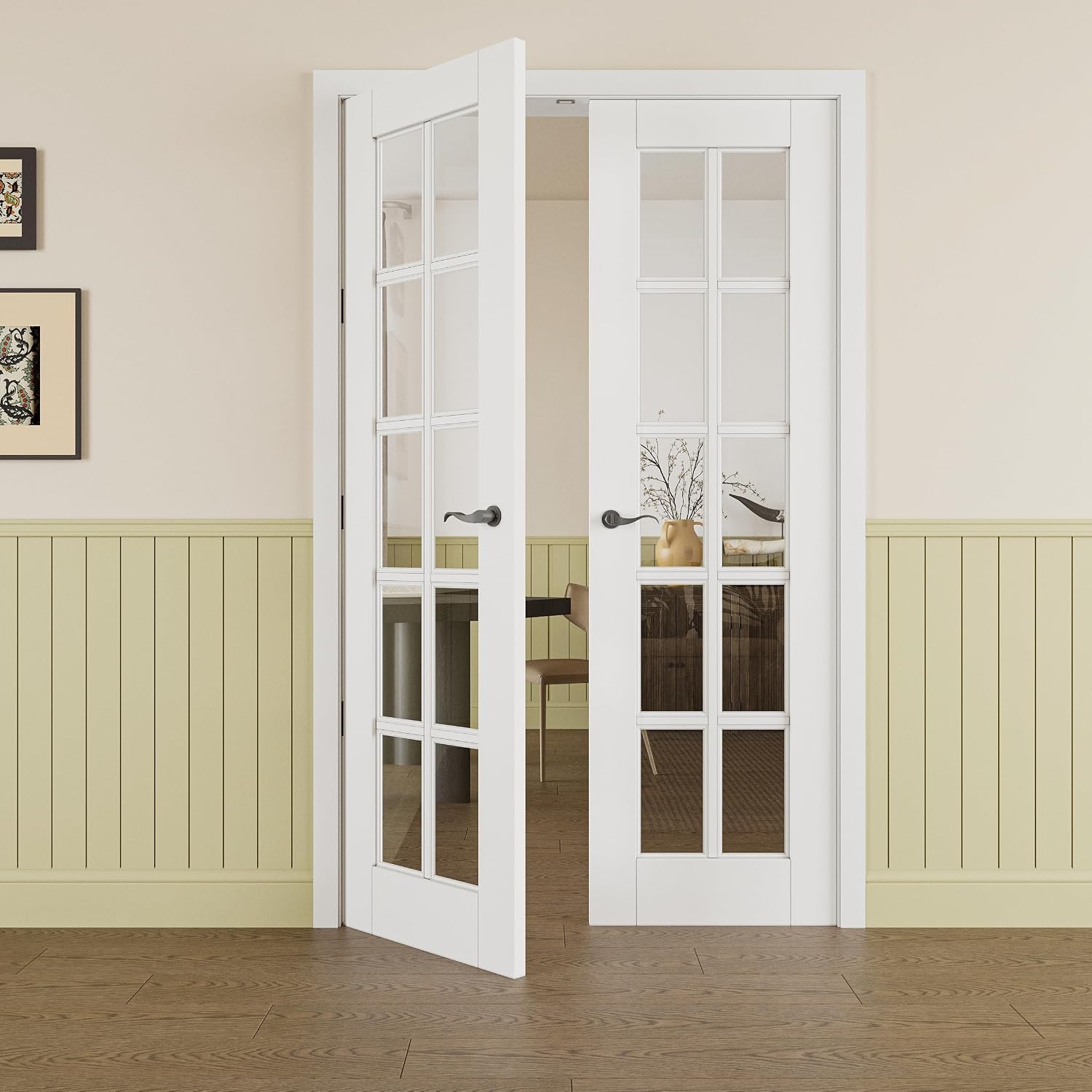 Prehung French Door 56' x 80' (2x28 in), 10-Lite Tempered Clear Glass Door Slabs with Jamb, Black Hinges, 4 Levers & Latch, Solid Core Interior Door, Pre-Finished & Paintable,Double Doors Interior