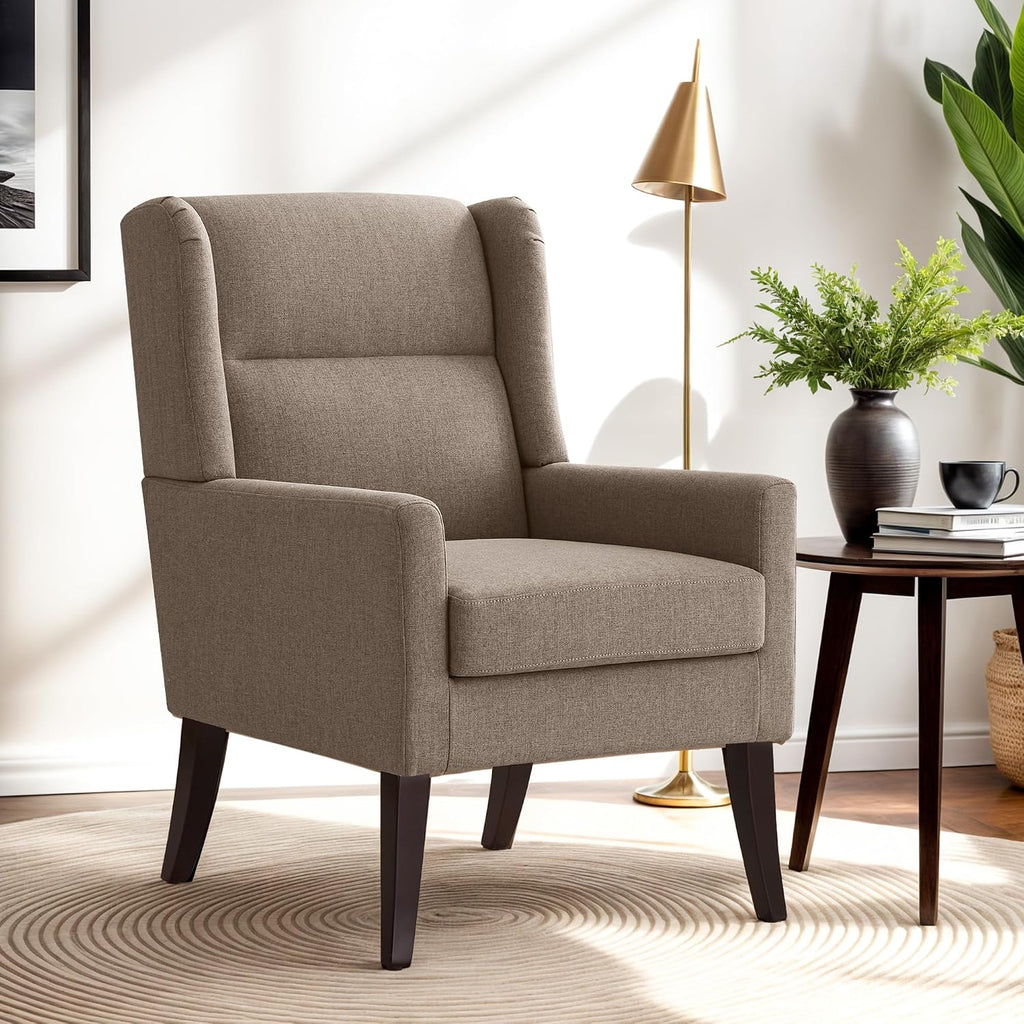 Zihanhome High Back Accent Chair, Fabric Living Room Chairs, Comfy Upholstered Armchair with Wooden Legs for Living Room, Bedroom, Apartment (1, Brown)
