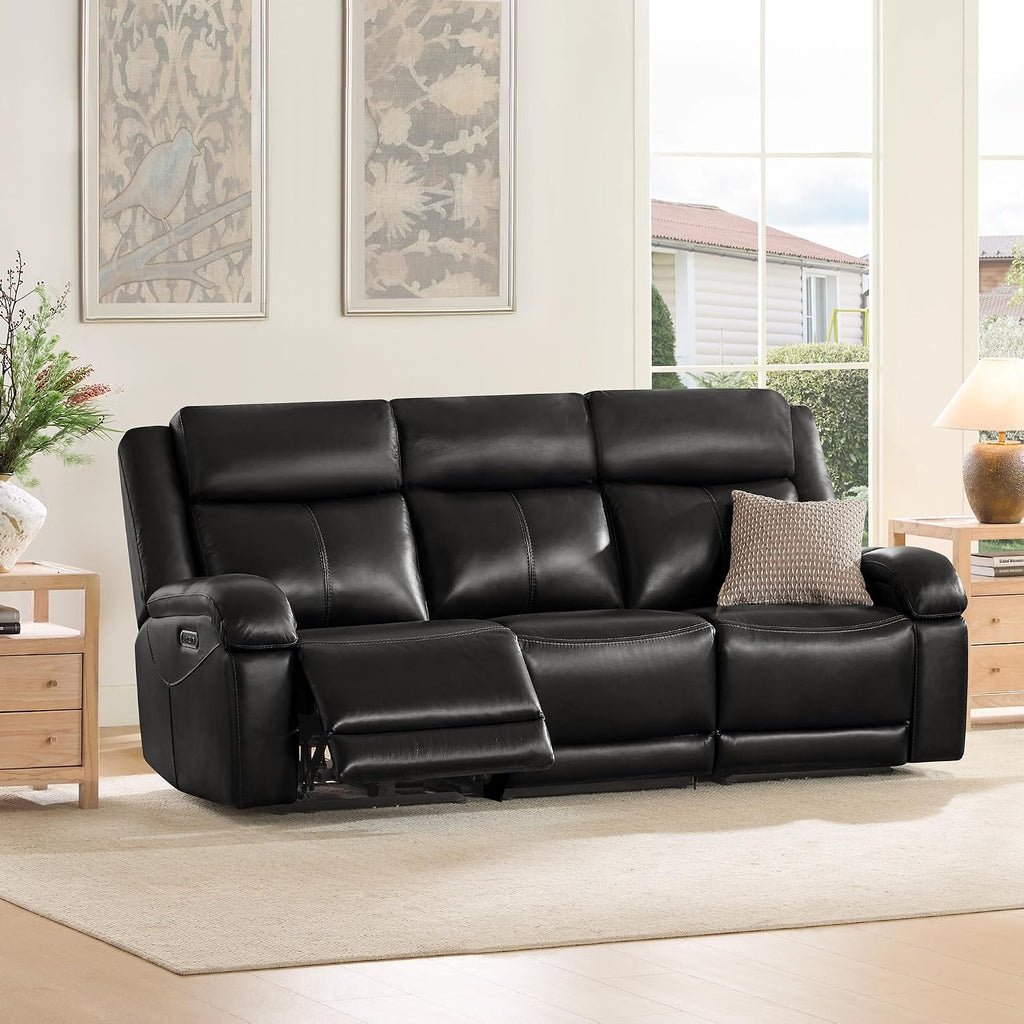 Watson & Whitely Genuine Leather Power Recliner Sofa, 3 Seater Wall Hugger Reclining Sofas with Power Headrest, USB & TypeC Ports, Electric Recliner Couch Set for Living Room, Black