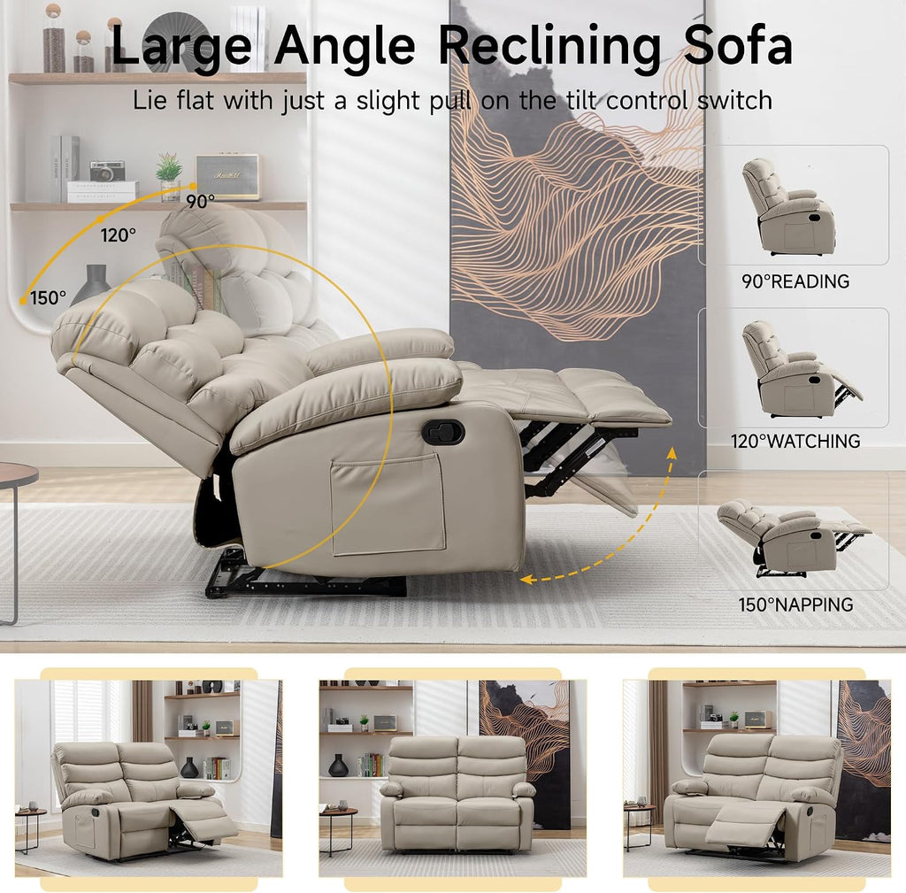 Reclining Loveseat Sofa, Anti-Scratch Leather Manual Loveseat Recliner with Side Pocket, Wall Hugger Loveseat Recliner for Living Room, RV, Home Theater(Beige)