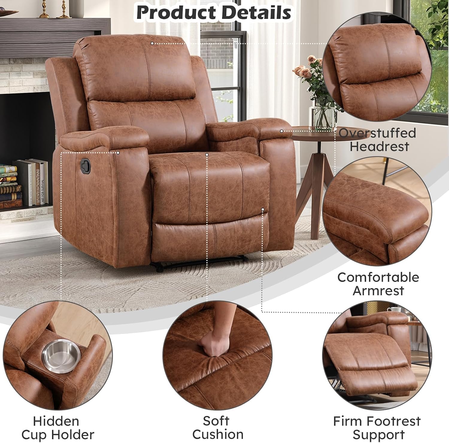 CANMOV Faux Leather Manual Reclining Sofa Furniture Set, 2 Manual Recliner Chair and 3 Seat Recliner Sofa Couch Set for Living Room,Brown