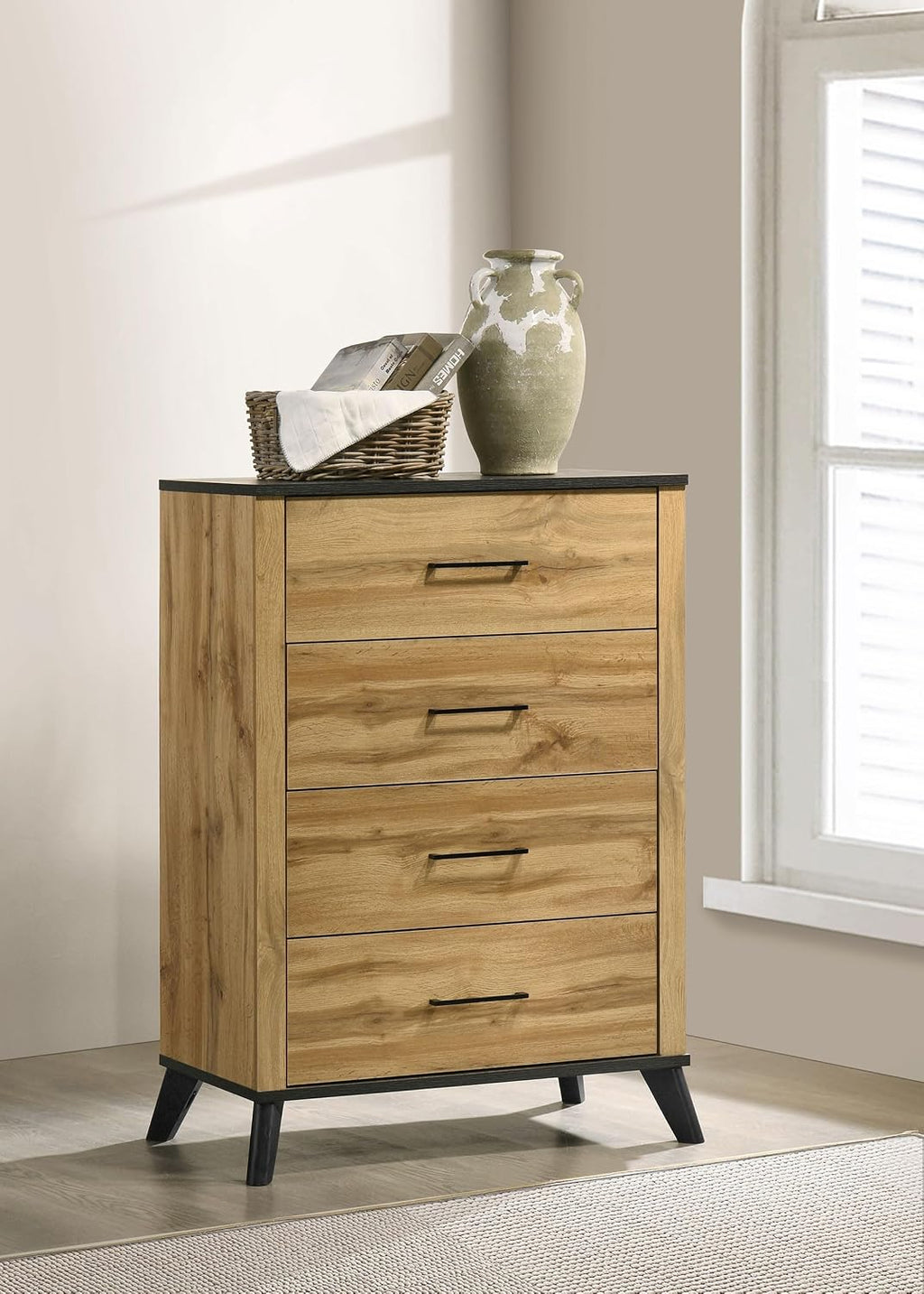 Coaster Home Furnishings - Kaywood - Wood - 4-Drawer Chest with Matte Black Handles, English Dovetail Joinery and Center Metal Glides - Mid-Century Modern - Bedroom - Natural Pine - 225005