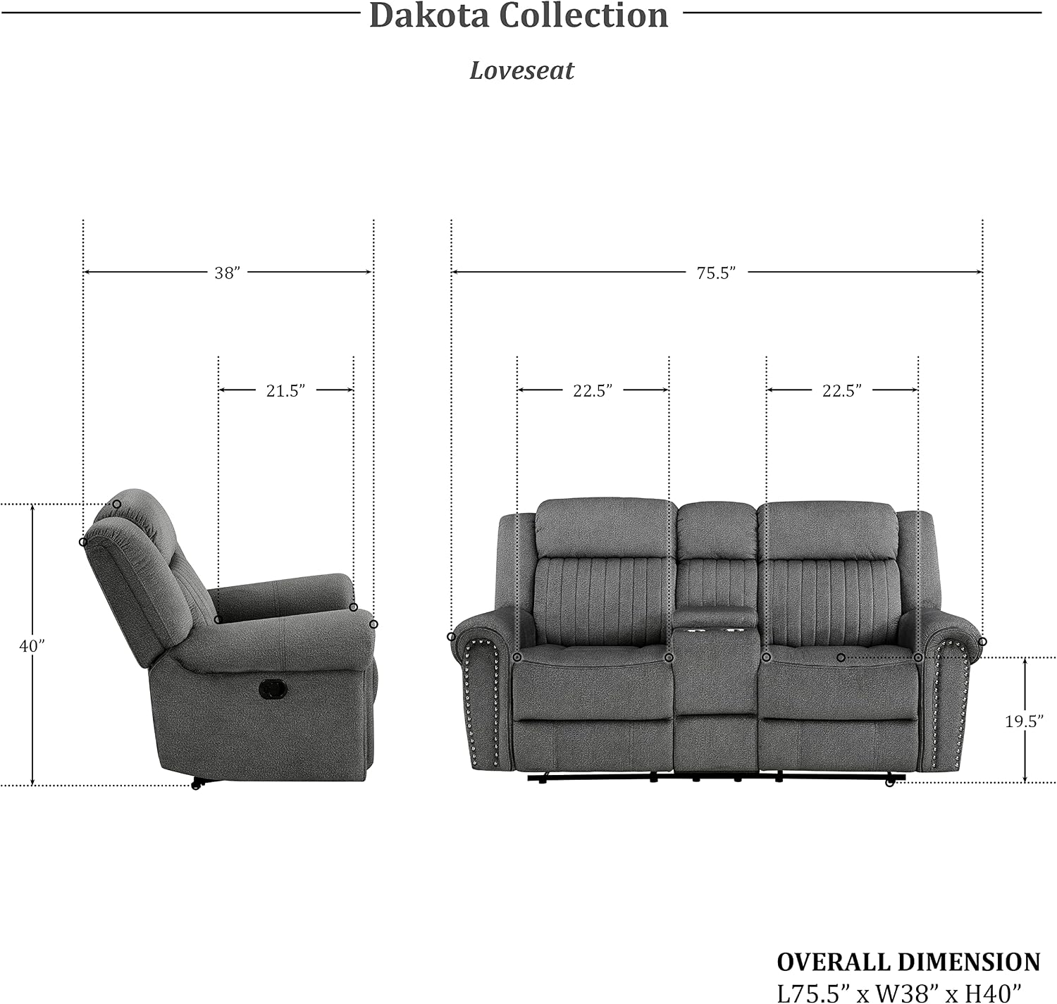 Lexicon Dakota 2-Piece Manual Reclining Living Room Set, Charcoal