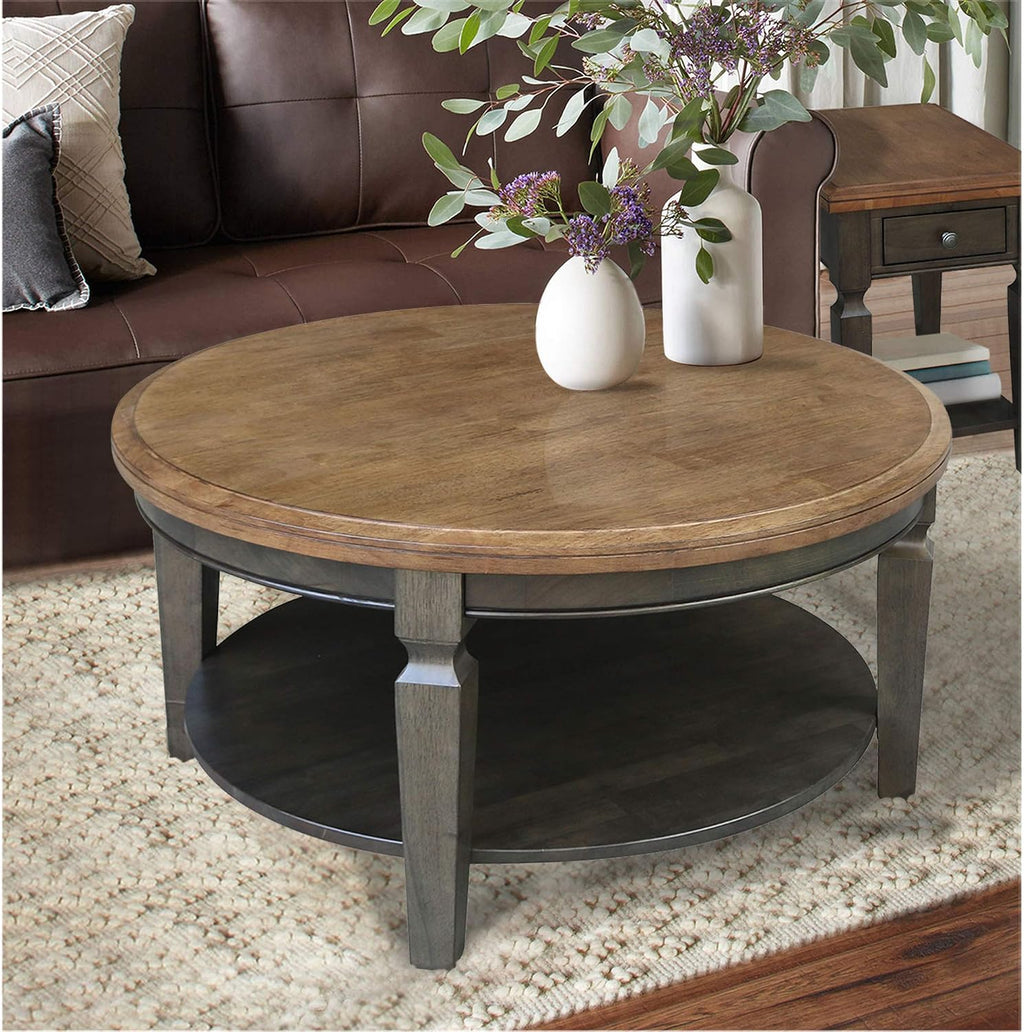 IC INTERNATIONAL CONCEPTS Vista Solid Wood Round Coffee Table in Hickory/Washed Coal