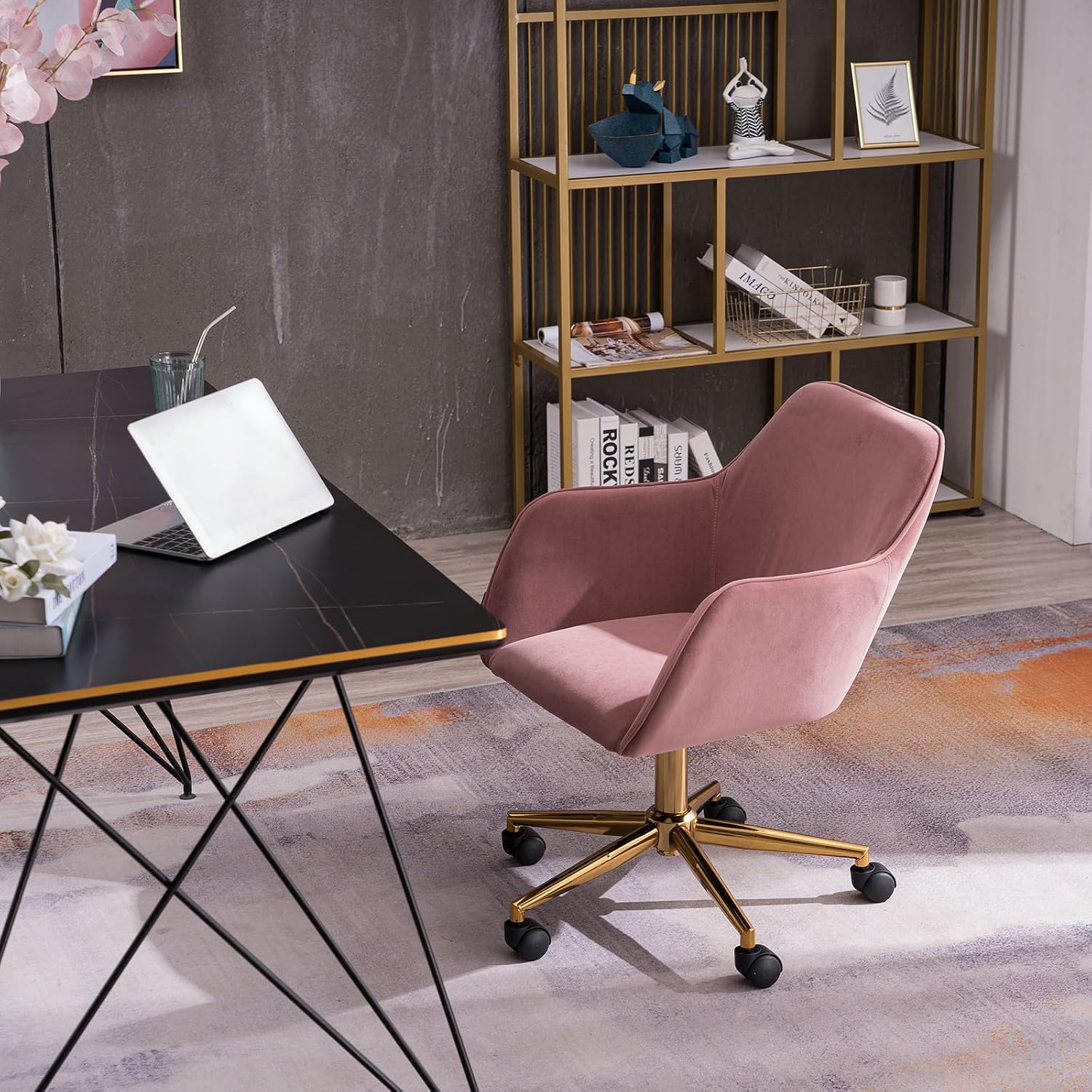 Modern Velvet, Height Adjustable, 360° Swivel Office Chair, Upholstered Cosmetic Dresser Armchair with Metal Feet and Backrest, Bedroom Furniture Pink