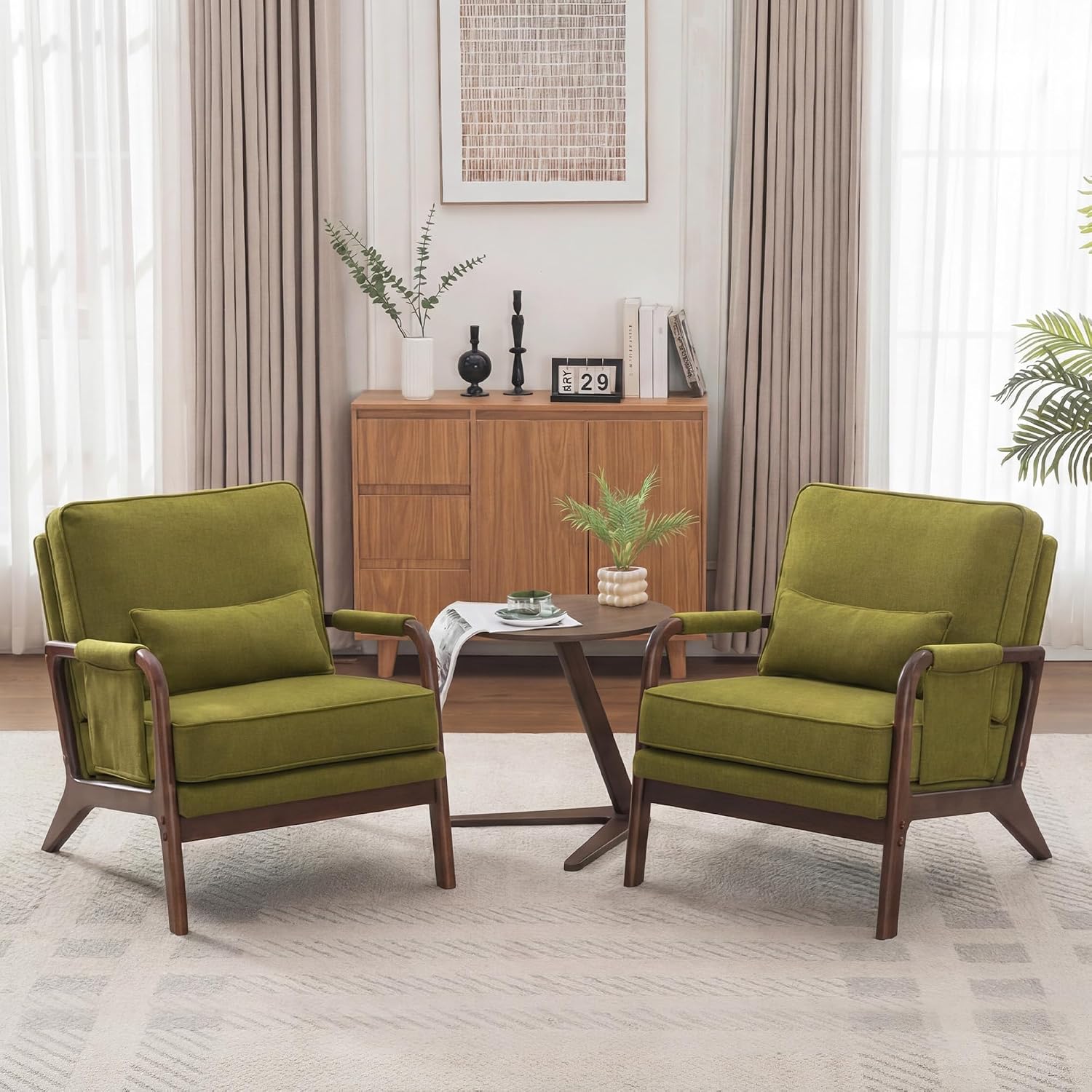 Mid Century Modern Chair Set of 2, Upholstered Lounge Arm Chair with Solid Wood Frame, Comfy Accent Chair for Living Room, Bedroom, Reading, Reception,Green