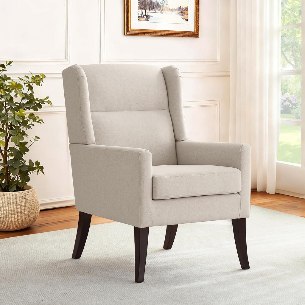 Zihanhome High Back Living Room Chairs, Fabric Accent Chair, Comfy Upholstered Armchair with Wooden Legs for Living Room, Bedroom, Apartment (1, Beige)