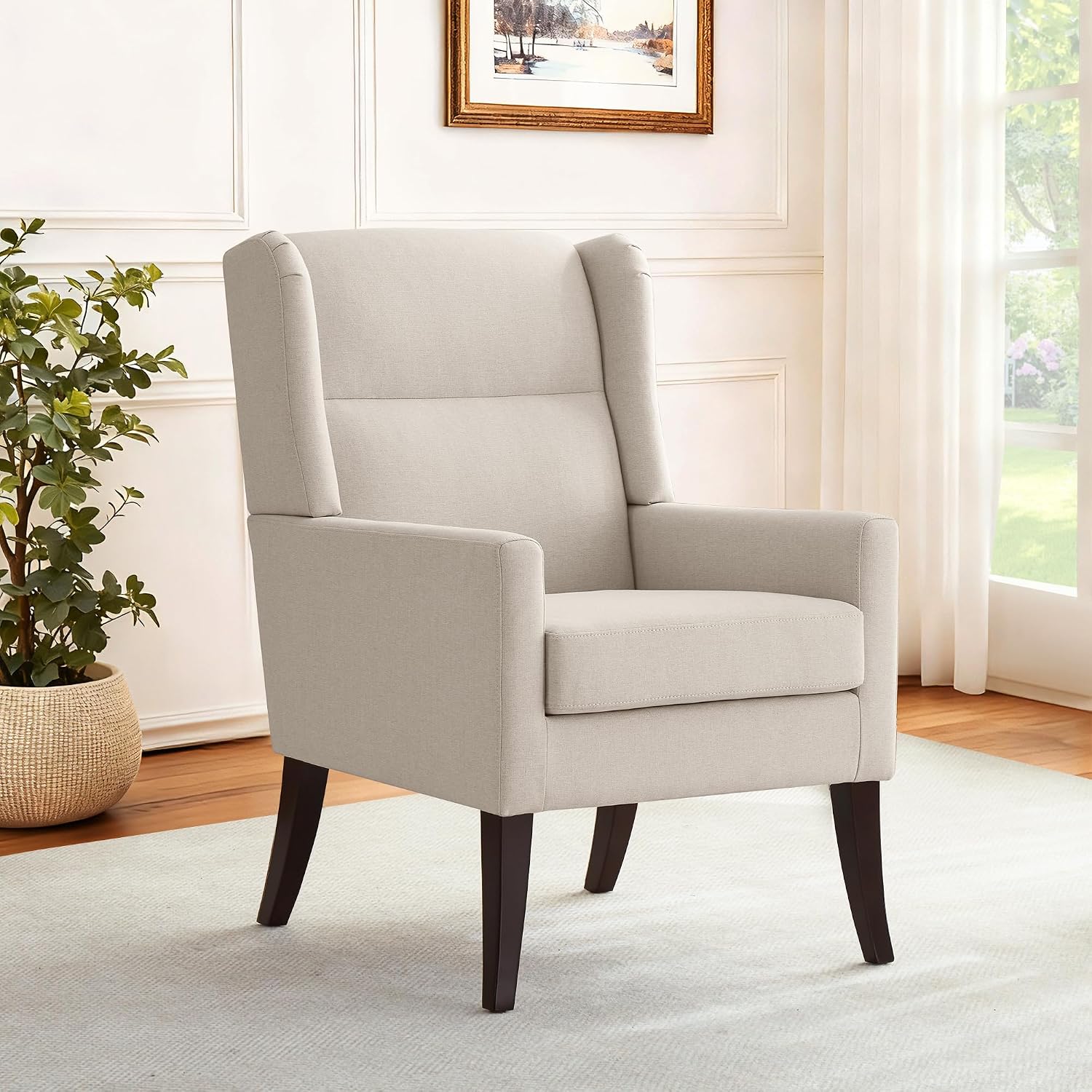 Zihanhome High Back Living Room Chairs, Fabric Accent Chair, Comfy Upholstered Armchair with Wooden Legs for Living Room, Bedroom, Apartment (1, Beige)