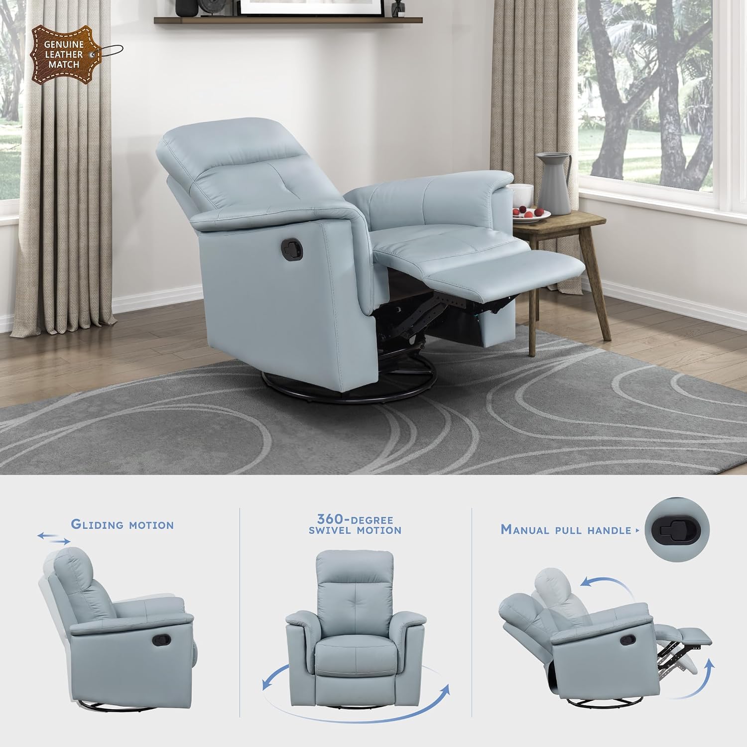 Lexicon Swivel Glider Recliner Chair, Comfy Nursery Glider, Top Grain Leather Match Recliner, Manual Reclining Chair for Living Room/Office/Apartment, Blue