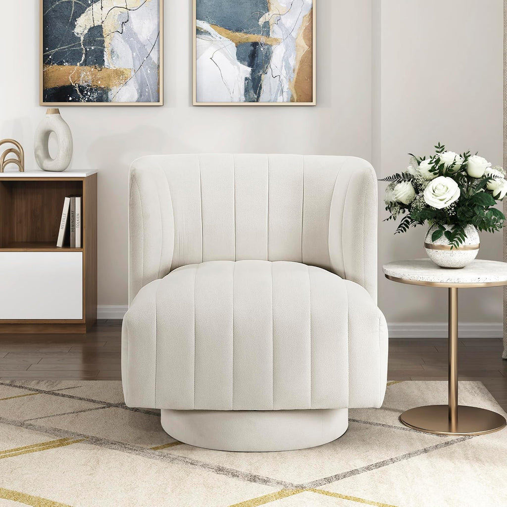 Lexicon Swivel Accent Chair, Textured Fabric Upholstered 360 Degree Swivel Barrel Chair with Channel Tufted, Comfort Seat, for Living Room, Bedroom, Office, Easy Assembly, Beige