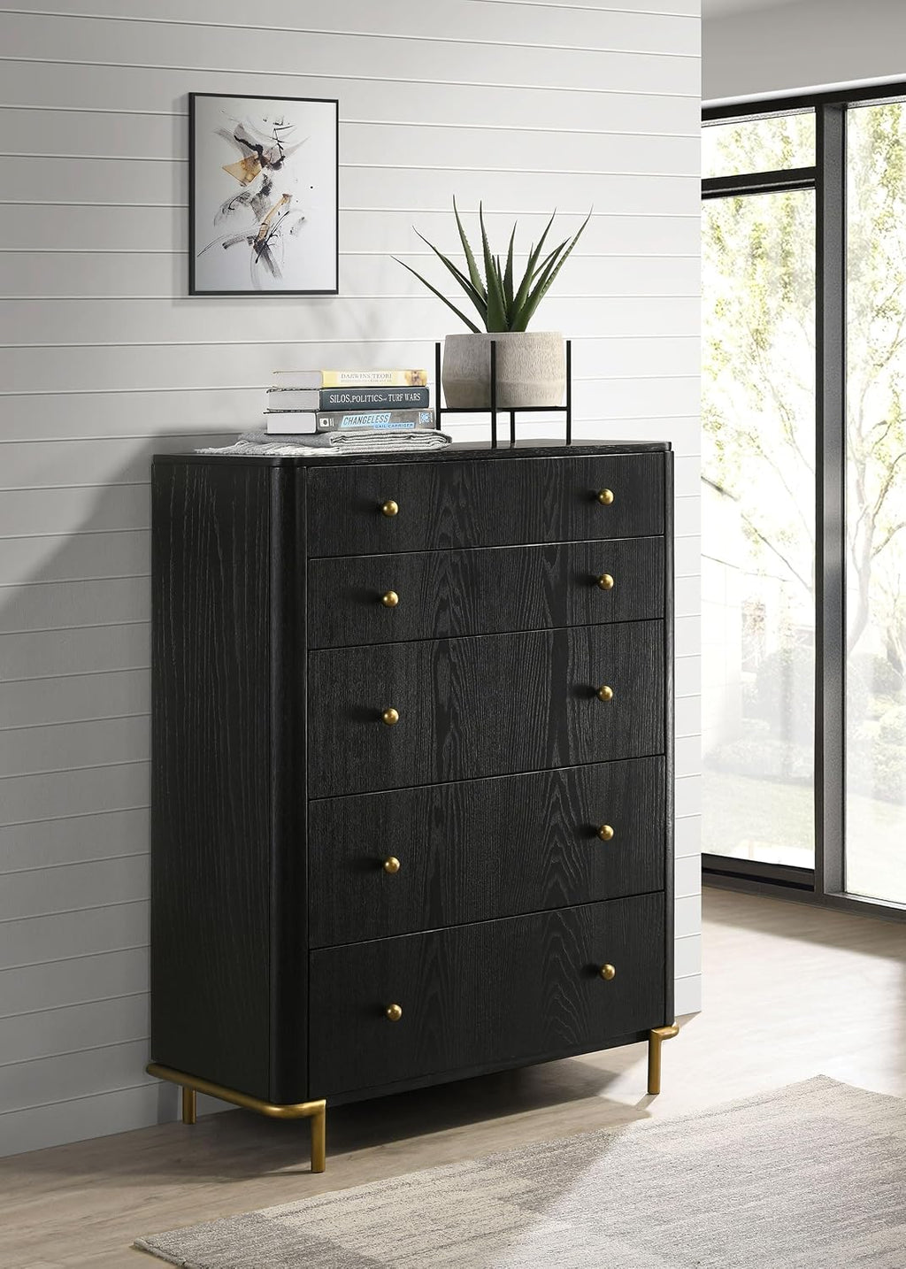 Coaster Home Furnishings - Arini - Wood - 5-Drawer Chest with Rounded Corners, Gold Knobs, Hidden Drawer and Wire-Brushed Finish - Coastal - Bedroom - Black - 224335