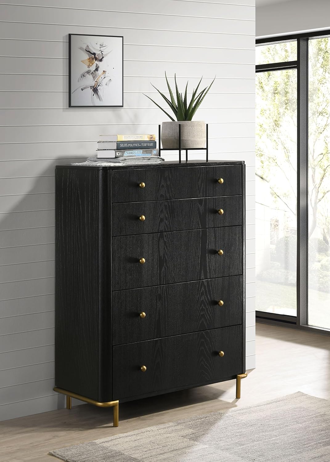 Coaster Home Furnishings - Arini - Wood - 5-Drawer Chest with Rounded Corners, Gold Knobs, Hidden Drawer and Wire-Brushed Finish - Coastal - Bedroom - Black - 224335