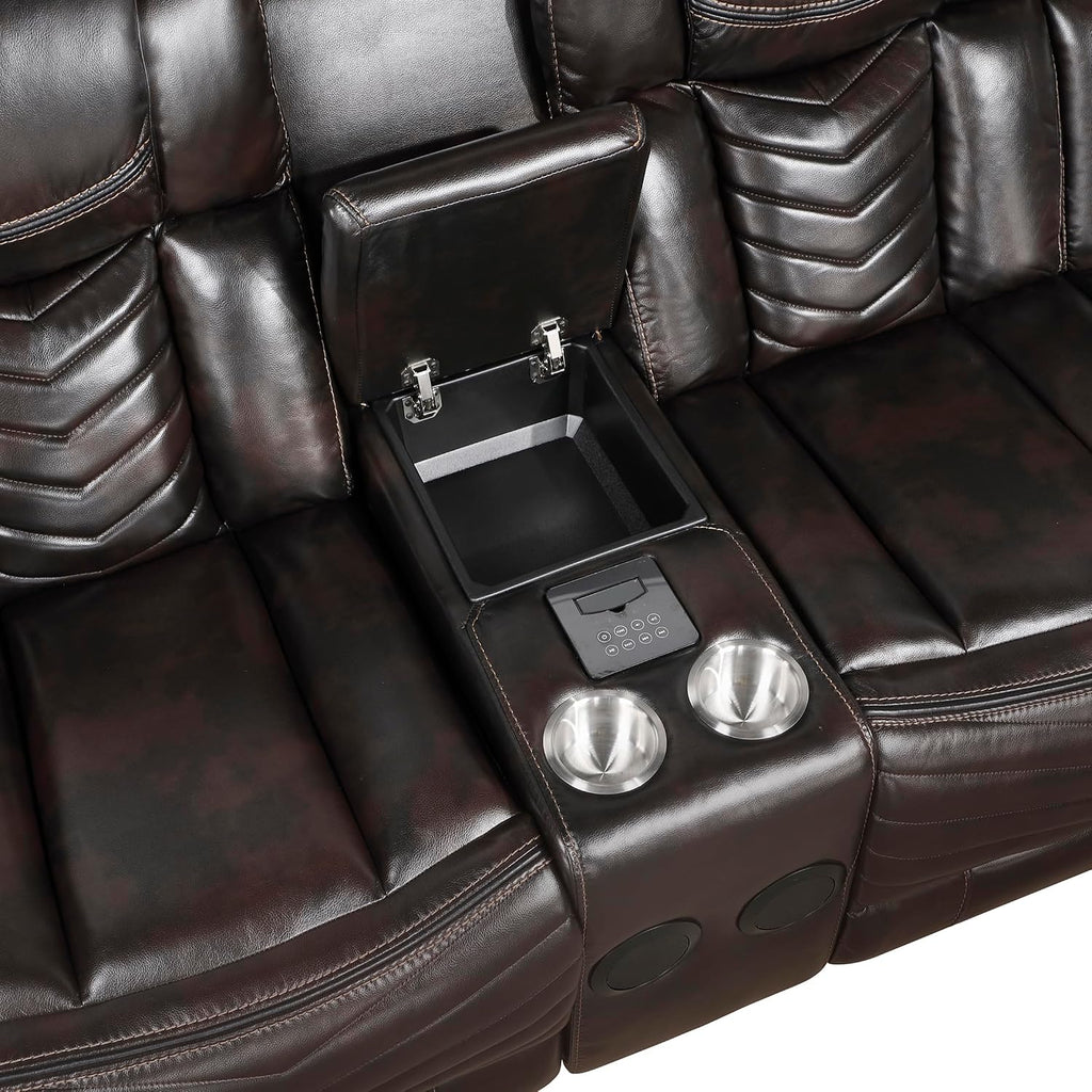 Lexicon Modern 3-Piece Power Reclining Sectional Sofa, Wall Hugger Faux Leather Sectional Couch, with Consoles, Speakers, Subwoofer and Led Lighting, for Living Room/Office/Apartment, Dark Brown