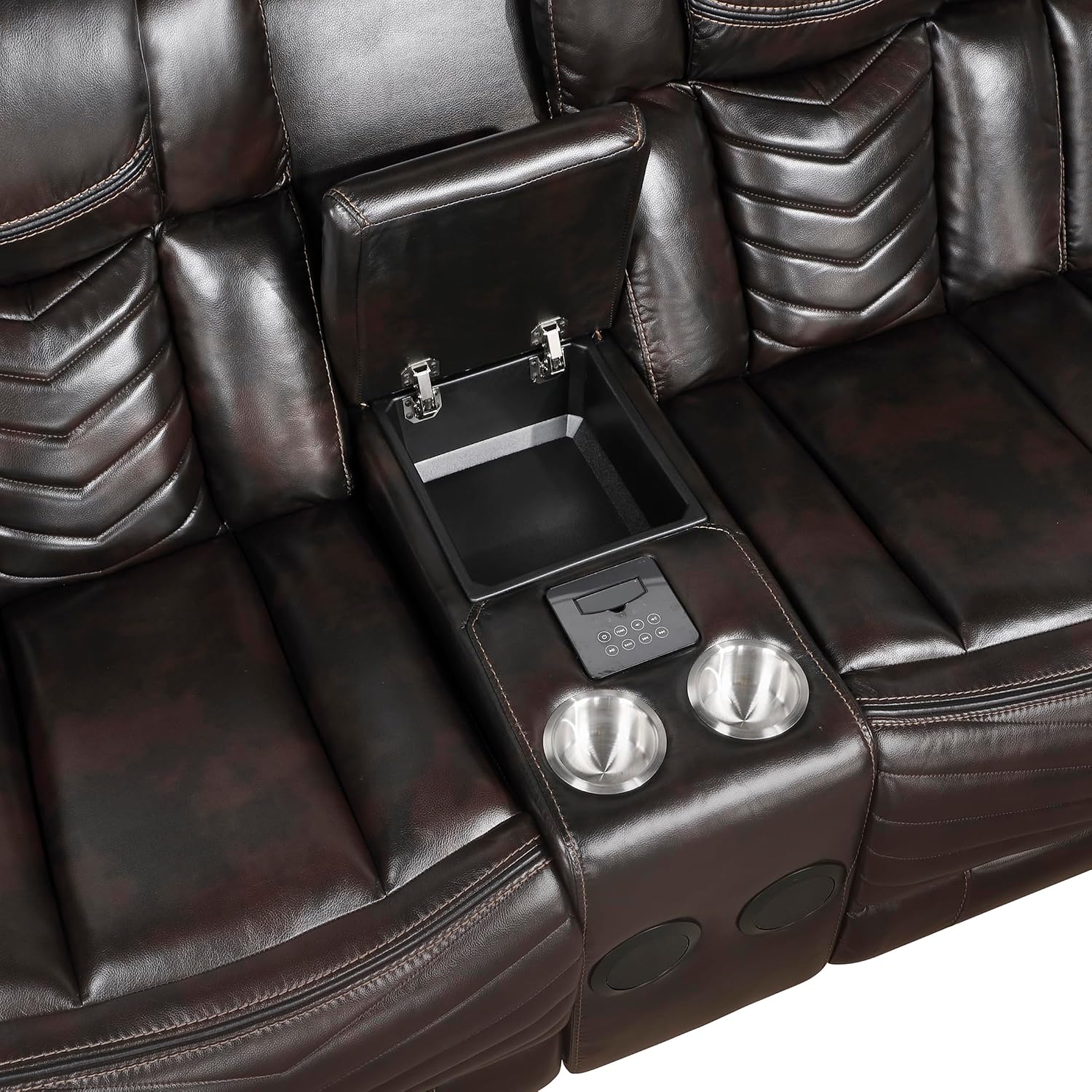 Lexicon Modern 3-Piece Power Reclining Sectional Sofa, Wall Hugger Faux Leather Sectional Couch, with Consoles, Speakers, Subwoofer and Led Lighting, for Living Room/Office/Apartment, Dark Brown