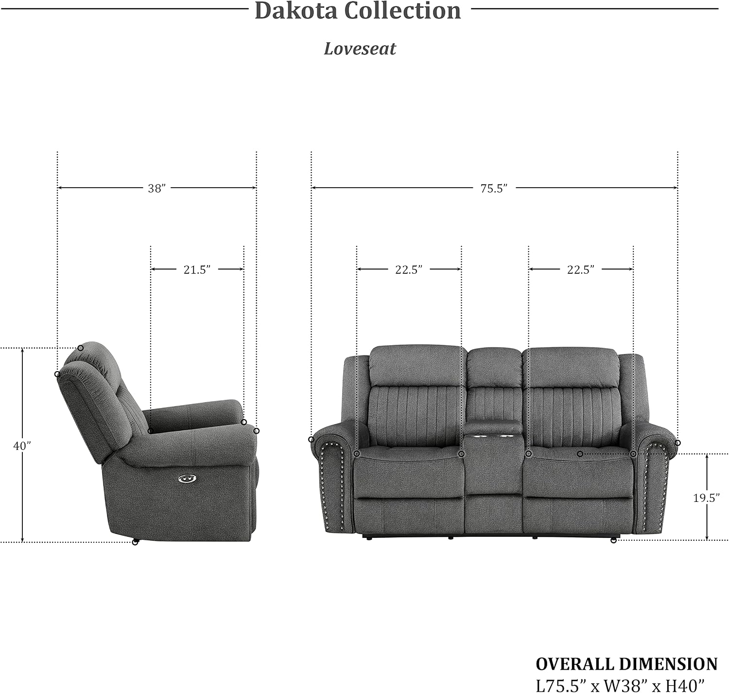 Lexicon Dakota 2-Piece Power Reclining Living Room Set, Charcoal