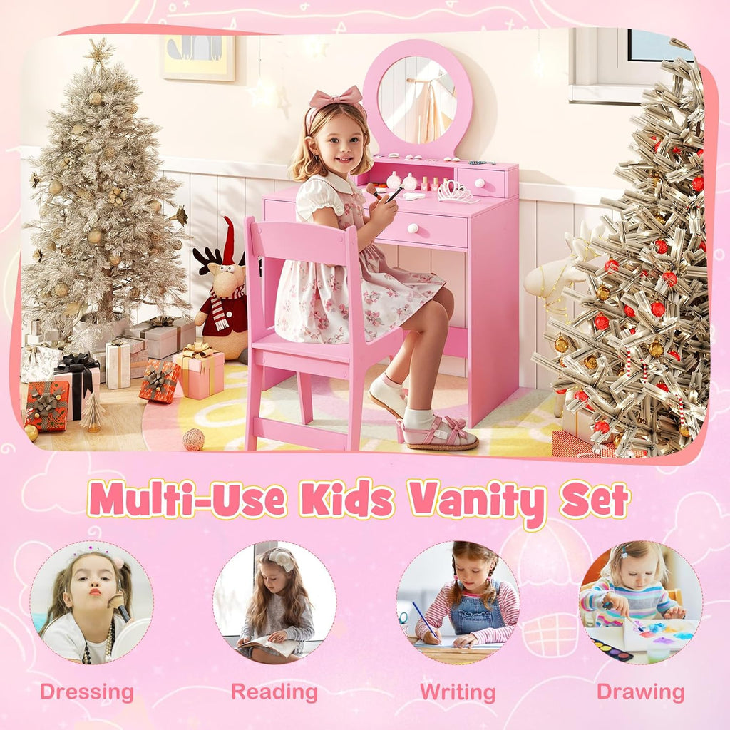 HONEY JOY Kids Vanity, Little Girls Vanity Set with Mirror and Stool, Drawers, Toddler Makeup Vanity Dressing Table, Wooden Pretend Play Kids Vanity Table and Chair Set (Pink)