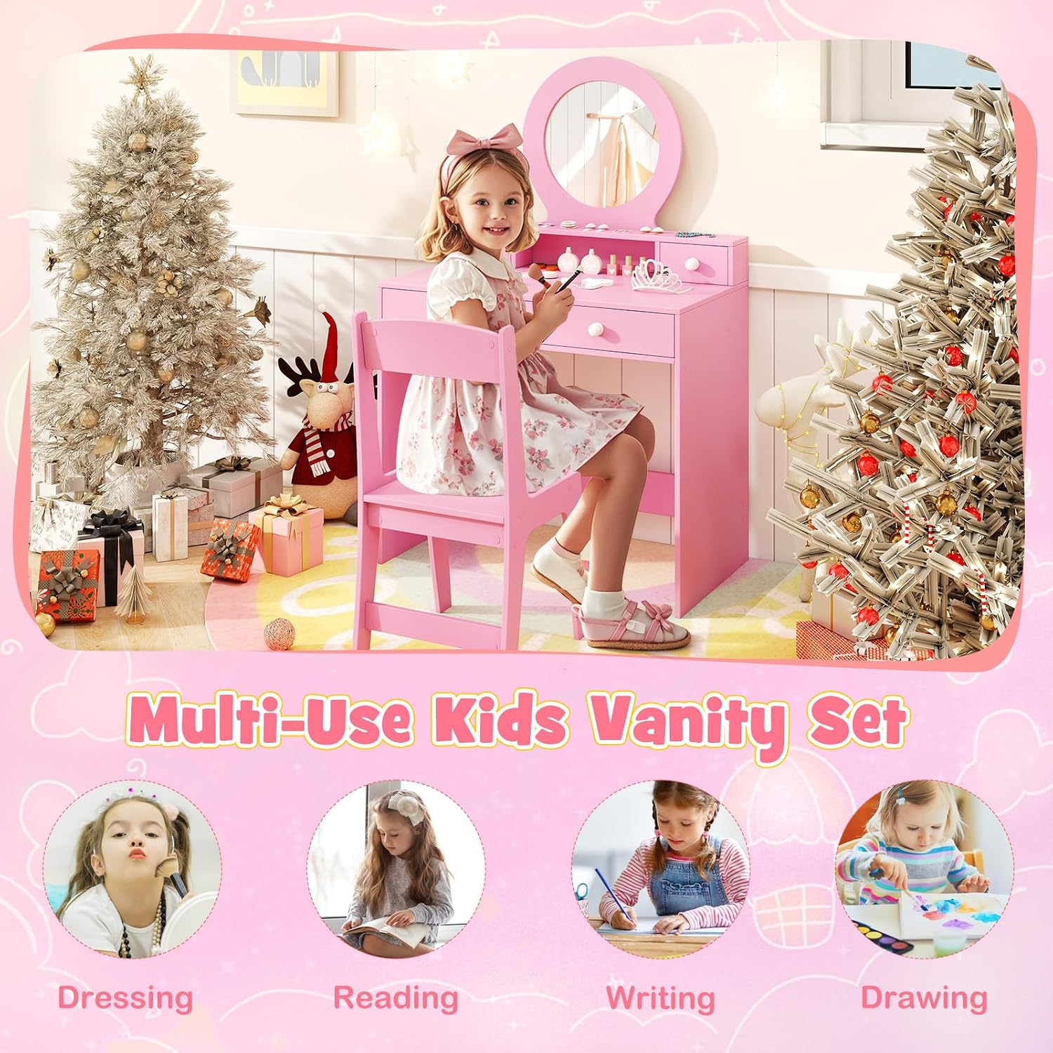 HONEY JOY Kids Vanity, Little Girls Vanity Set with Mirror and Stool, Drawers, Toddler Makeup Vanity Dressing Table, Wooden Pretend Play Kids Vanity Table and Chair Set (Pink)