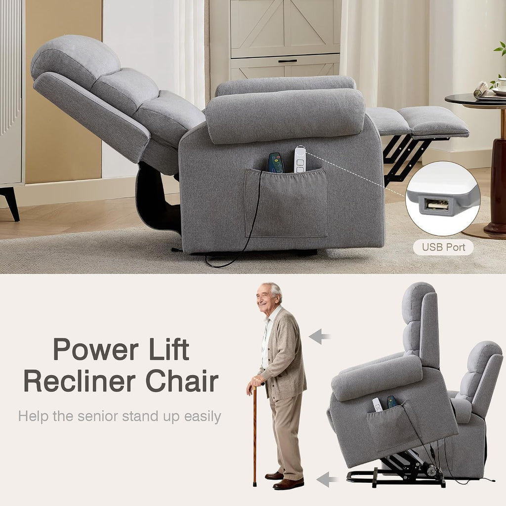 LOUVIXA Power Lift Recliner Chair Recliners for Elderly with Heat and Massage Recliner Chair for Living Room with Infinite Position and Side Pocket, USB Charge Port (Light Grey)