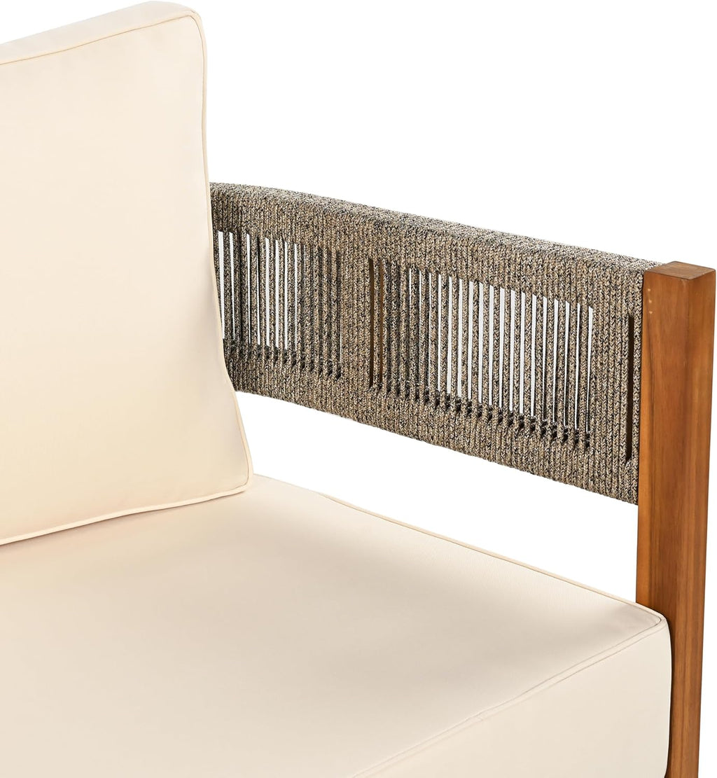 Christopher Knight Home Rekker Patio Acacia Wood 3-Seater Sofa, Patio Furniture Set 3-Seater Outdoor Sofa, Tub Design Outdoor Couch with Woven Rope and Removable Cushion,Comfy Reading Chair,Teak+Beige