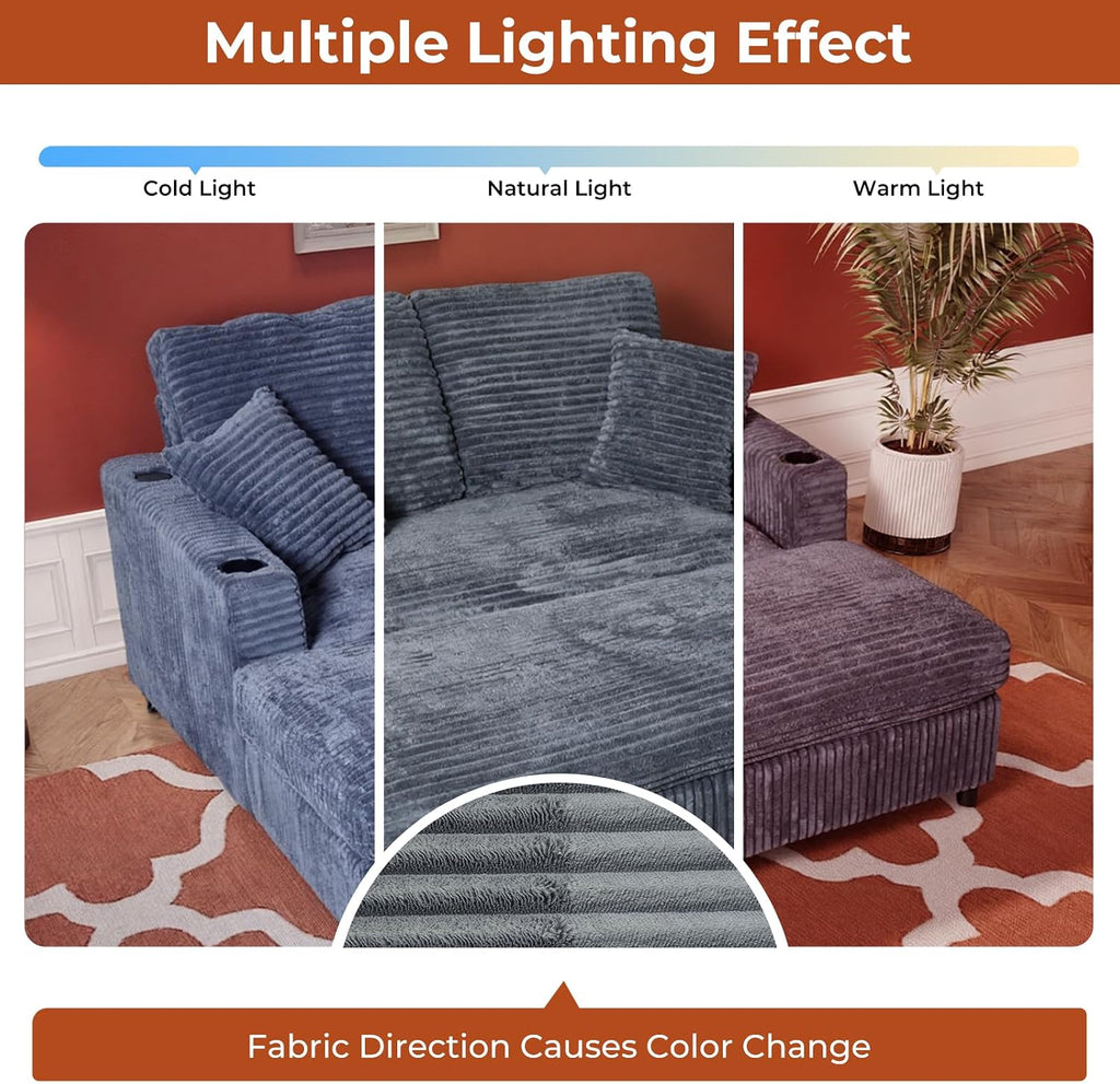 60' Oversized Chaise Lounge Chair Indoor, Upholstered Sofa Bed with Pillows & 2 Cup Holders, Sleeper Couch Comfy Corduroy Recliner Chair for Living Room, Movie Room, Bedroom, Gray