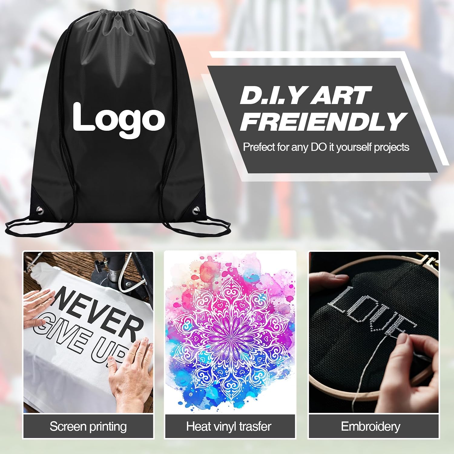 Shappy Drawstring Backpack Bulk Sports Gym Cinch Bag Polyester String Bag for Men Women(Black,200 Pcs)
