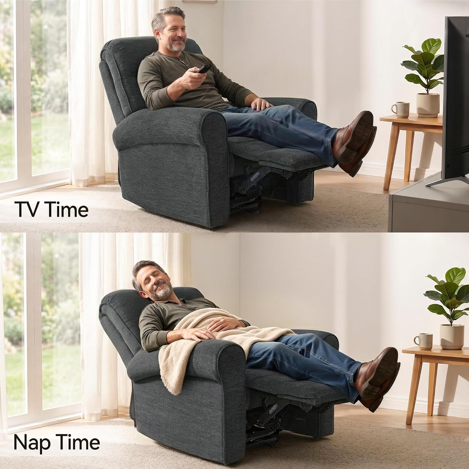 MCombo Wall Hugger Power Recliner Chair for Small Spaces RV Living Room, USB & Type-C Charging Ports, Extra Wide 24' Seat, Rolled Arm Electric Reclining Chair, Pet-Friendly Fabric PR630 (Dark Grey)
