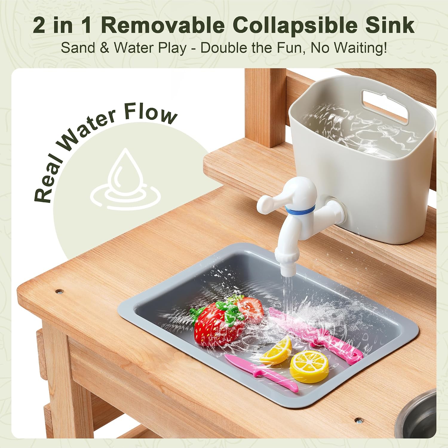 OLLIKIVI Outdoor Play Kitchen for Kids | Wooden Mud Kitchen Set with Removable Sink, Planting Area, Oven, Stove, Dual-Sided Chalkboard & Storage | Backyard Pretend Toy | Ages 3+