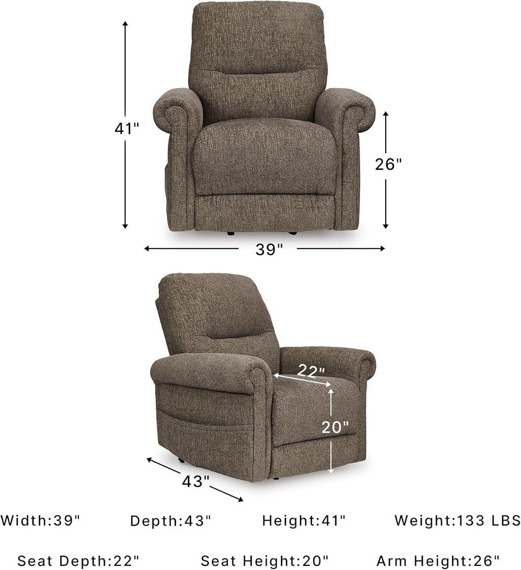 Signature Design by Ashley Aureta Classic Stain Resistant Power Lift Recliner with Side Pocket, Heat and Massage, Dark Brown