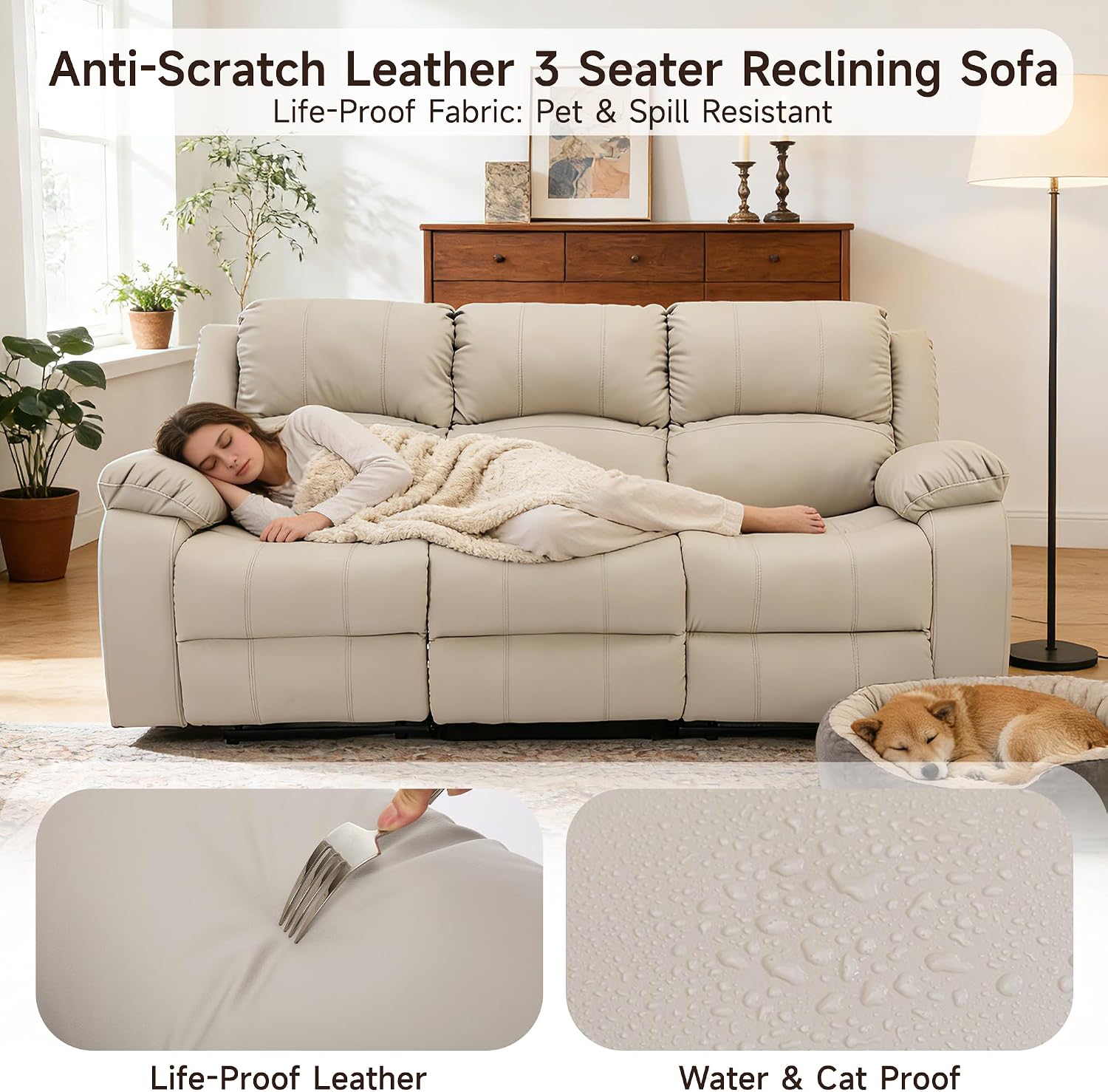 Reclining Loveseat Sofa Leather Recliner Sofa 3 Seater Couch for Living Room, Home Theater Seating(3 Seat,Beige)