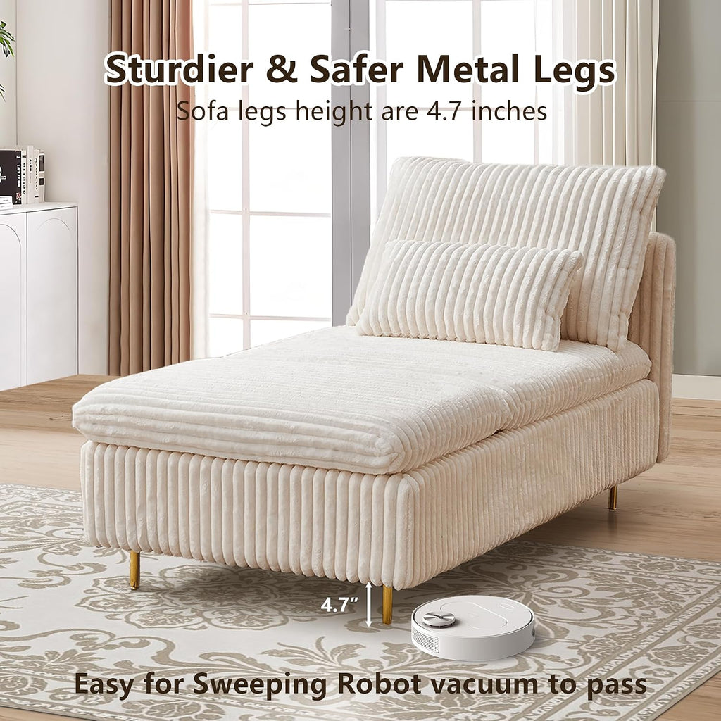 62.6' Corduroy Chaise Lounge Indoor, Modern Longue Chair Upholstered Chaise Longue with Support Pillow & Golden Metal Legs, Sleeper Sofa Recliner for Bedroom, Living Room, Office, Beige