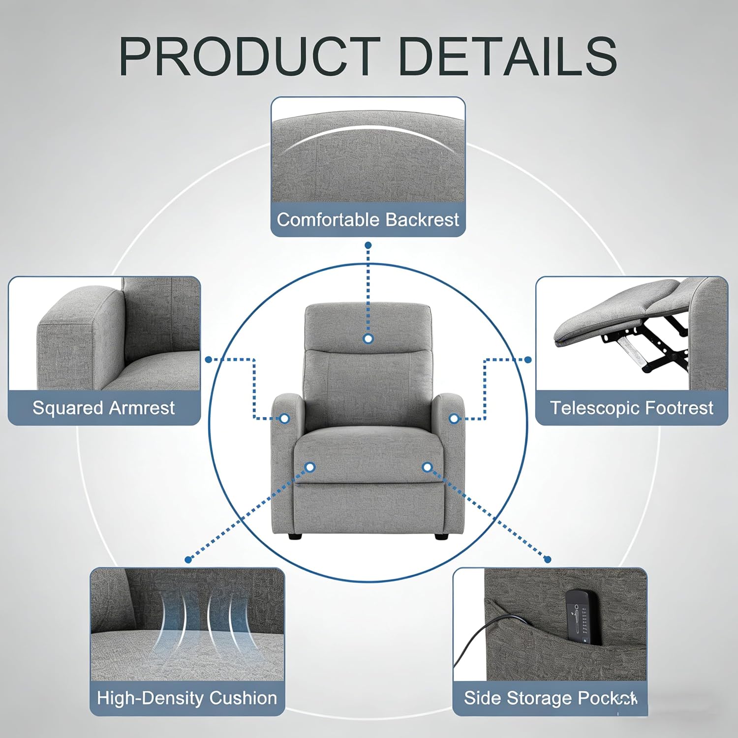 Simple Deluxe Massage Recliner Chair - Adjustable Fabric Recliner, Perfect Reading Chair & Sofa Chair for Living Room Chairs or Bedroom Chair, Small Recliner for Home Theater & Small Space, Grey