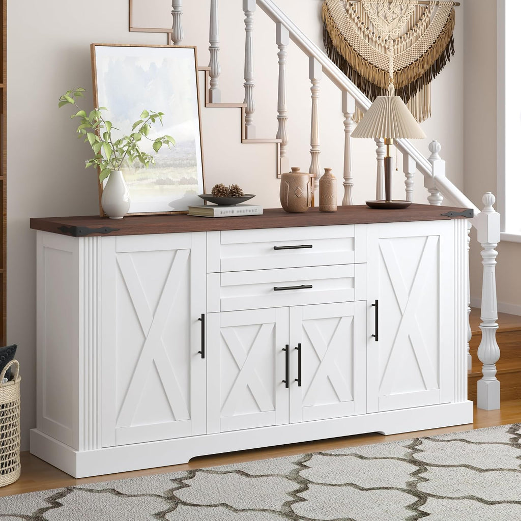 RiteSune 63' Farmhouse Buffet Sideboard Cabinet, Large Kitchen Sideboard Storage with 2 Drawers and 4 Doors, Buffet Table for Dining Room, Living Room, Black