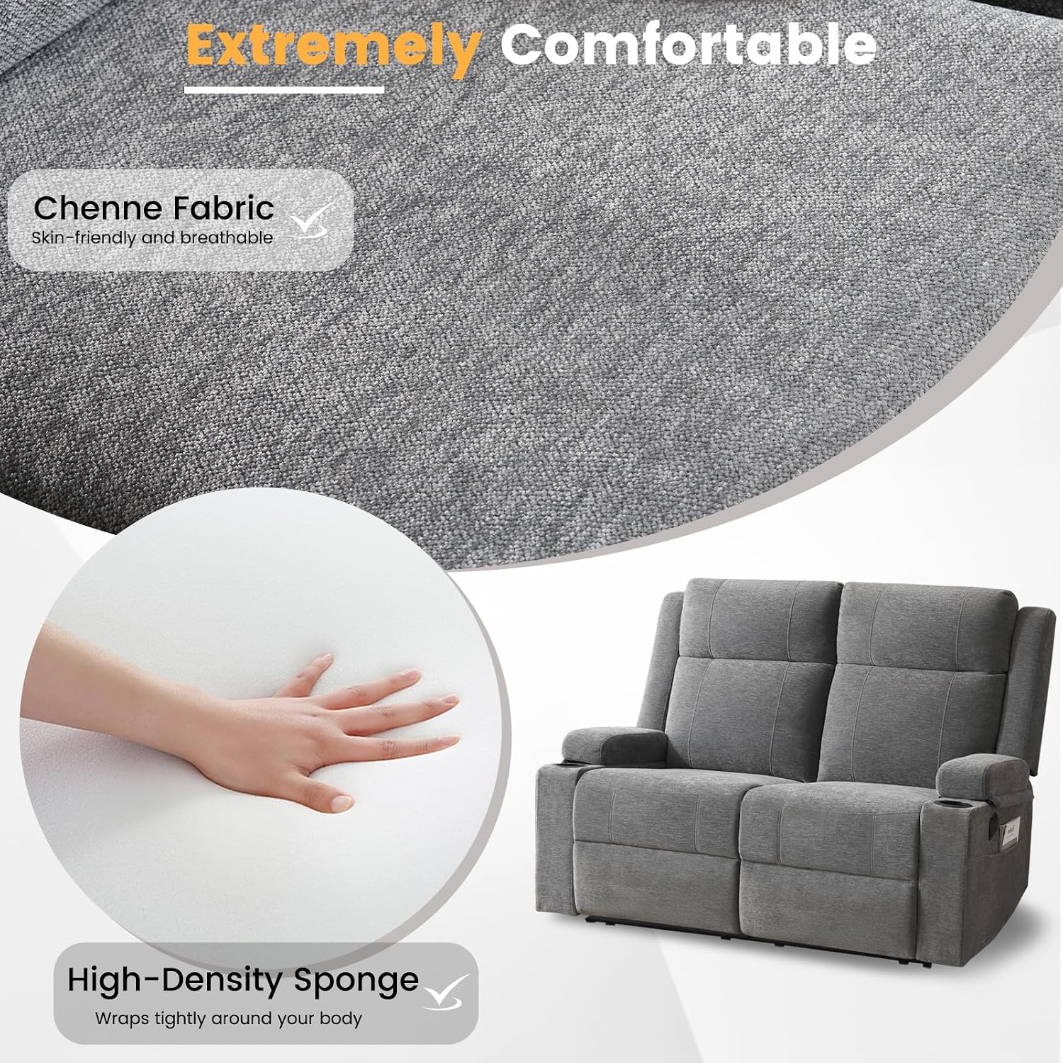 Manual Recliner Sofa Set for Living Room, Comfy Chenille Loveseat Recliner Sofa & Deep Seat Reclining Couch, RV Wall Hugger Loveseat Sofa Set for Living Room Furniture Sets(Gray)