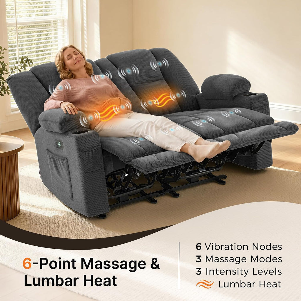 MCombo Zero Gravity Loveseat Power Reclining Sofa with Console, Heat and Vibration Massage, Recliner Couch for Living Room, Fabric 6035SET (Grey, Loveseat)