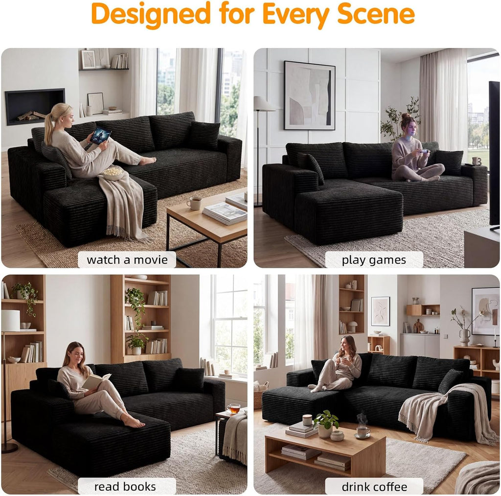 104' Cloud Sectional Couch with L-Shaped Chaise,Modern Modular Sectional Sofa,Corduroy Boneless Couches for Living Room Bedroom,No Assembly Required, 3-Seater (Left Facing Chaise) Black