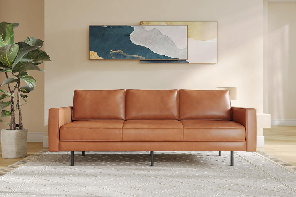 Valencia Varese 90' Full Leather Couch Cognac Tan Brown- Italian Nappa Leather Modern Cloud Couch for Living Room/Apartment Furniture
