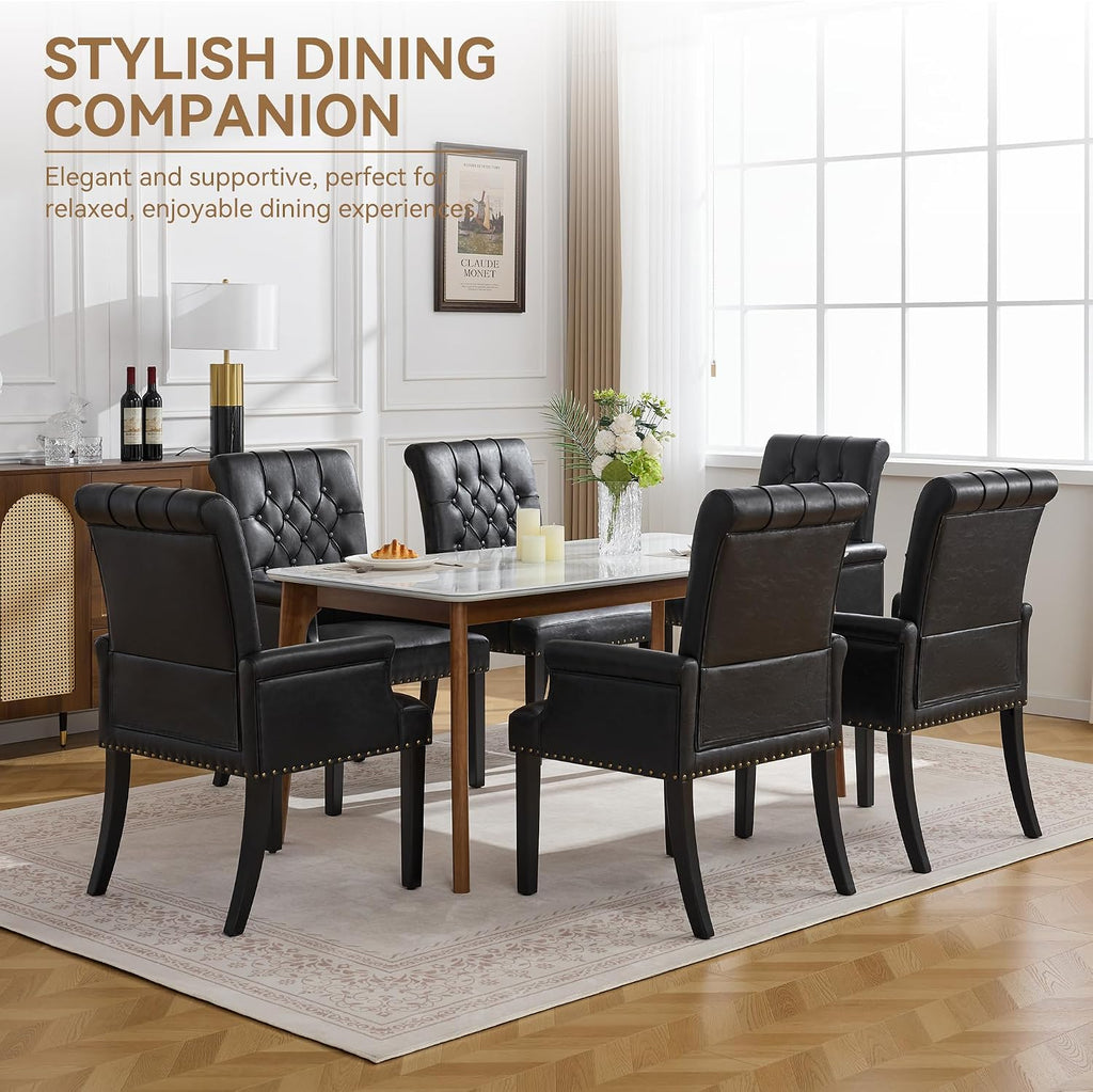 WUTUTUEE PU Leather Dining Chair with Arms, Upholstered Tufted High Back Dining Room Chairs, Accent Armchair with Solid Wood Leg and Nailhead Trim, Kitchen Dining Living Room, Black